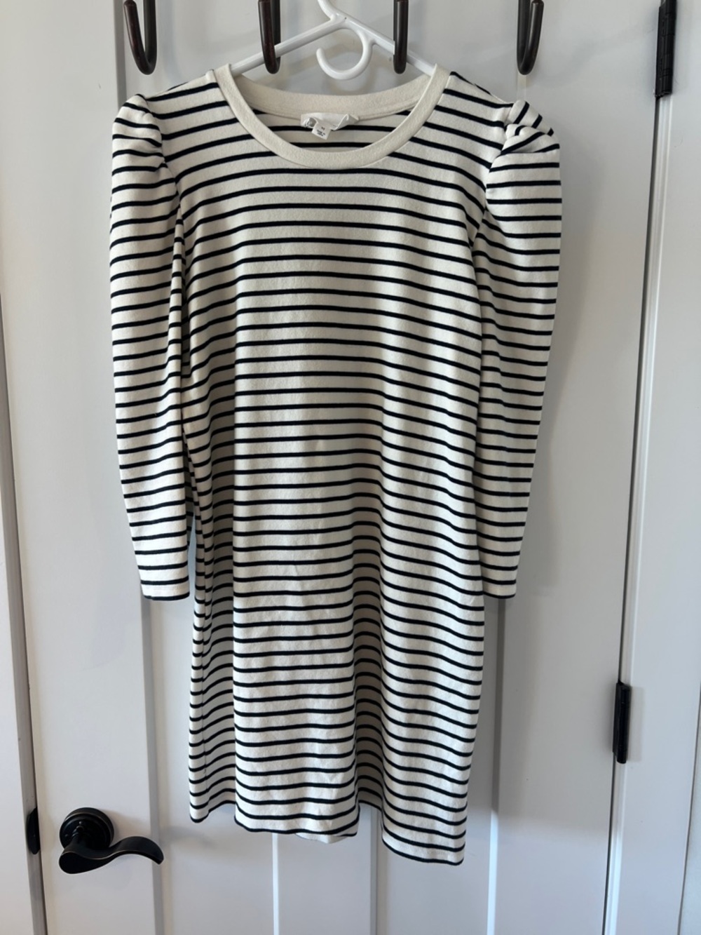 Pomander Place Striped Knit Dress Medium Navy Cream Puff Sleeve Casual